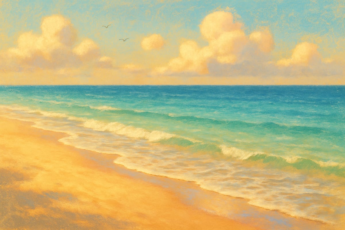 Sunny beach shoreline with gentle waves and warm sand — editorial illustration
